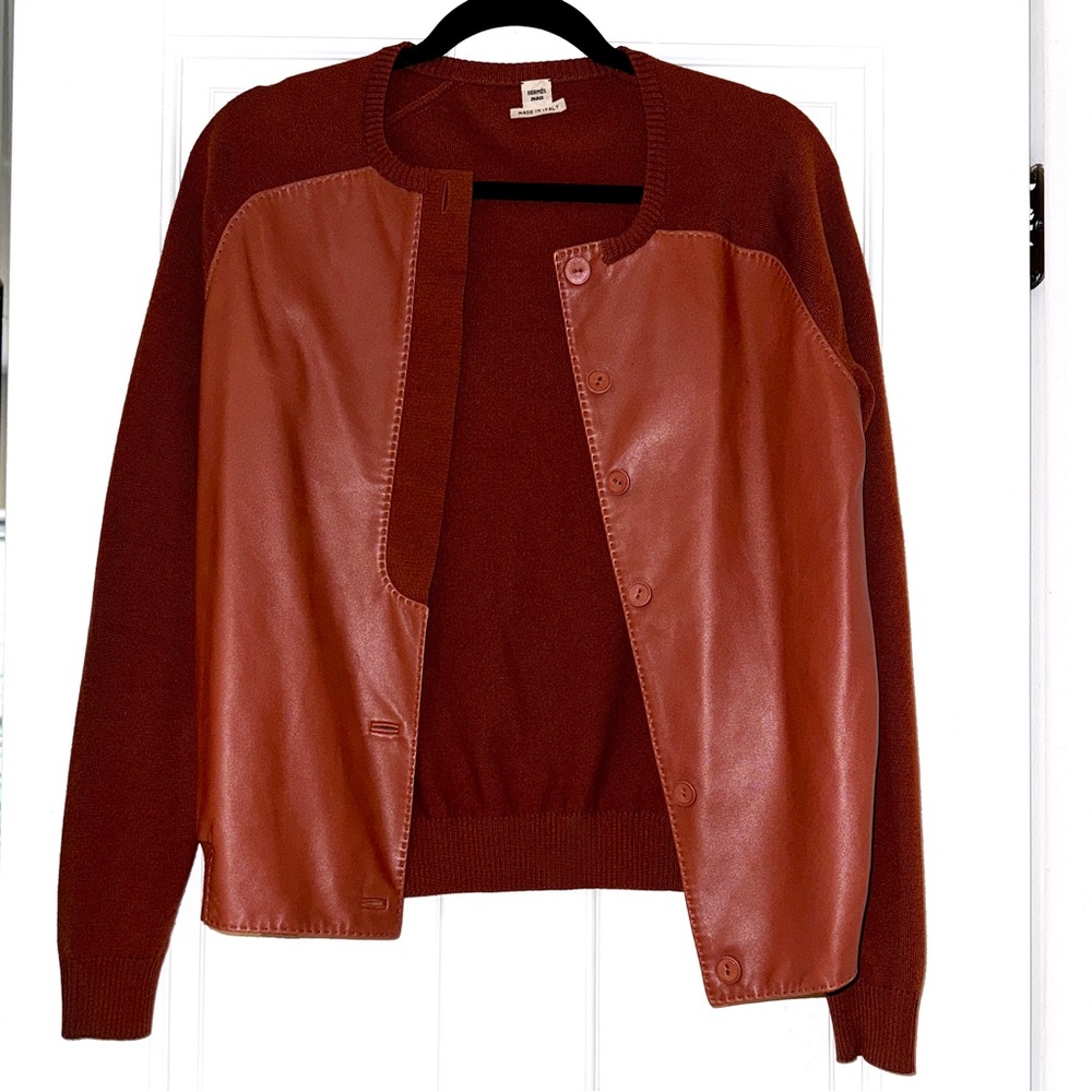 Hermes Cognac Rust Leather and Virgin Wool Cardigan